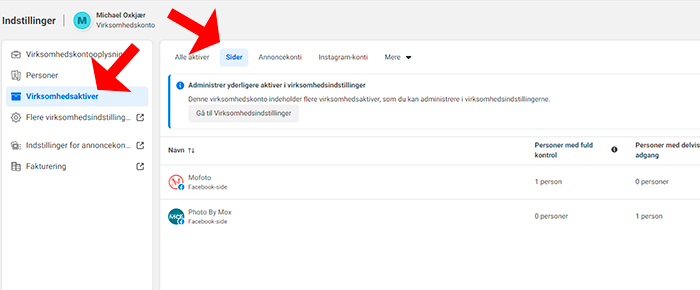 Oversigt over sider i Facebook Business Suite